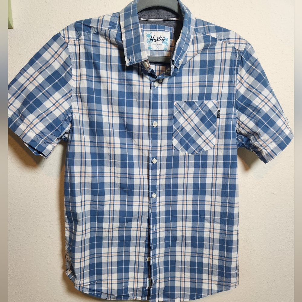Hurley Blue Plaid Short Sleeve Button Down Men's Shirt Pocket‎ Size Small